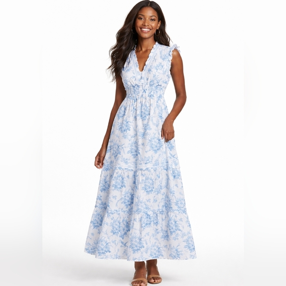 aje blue floral dress Tiered maxi dress with toile de jouy royal blue print main image 0